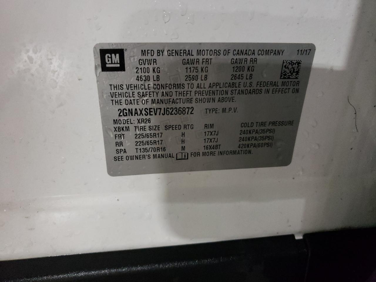 2018 Chevrolet Equinox VIN 2GNAXSEV7J6236872 Copart auction photo, front end damage thumbnail 14