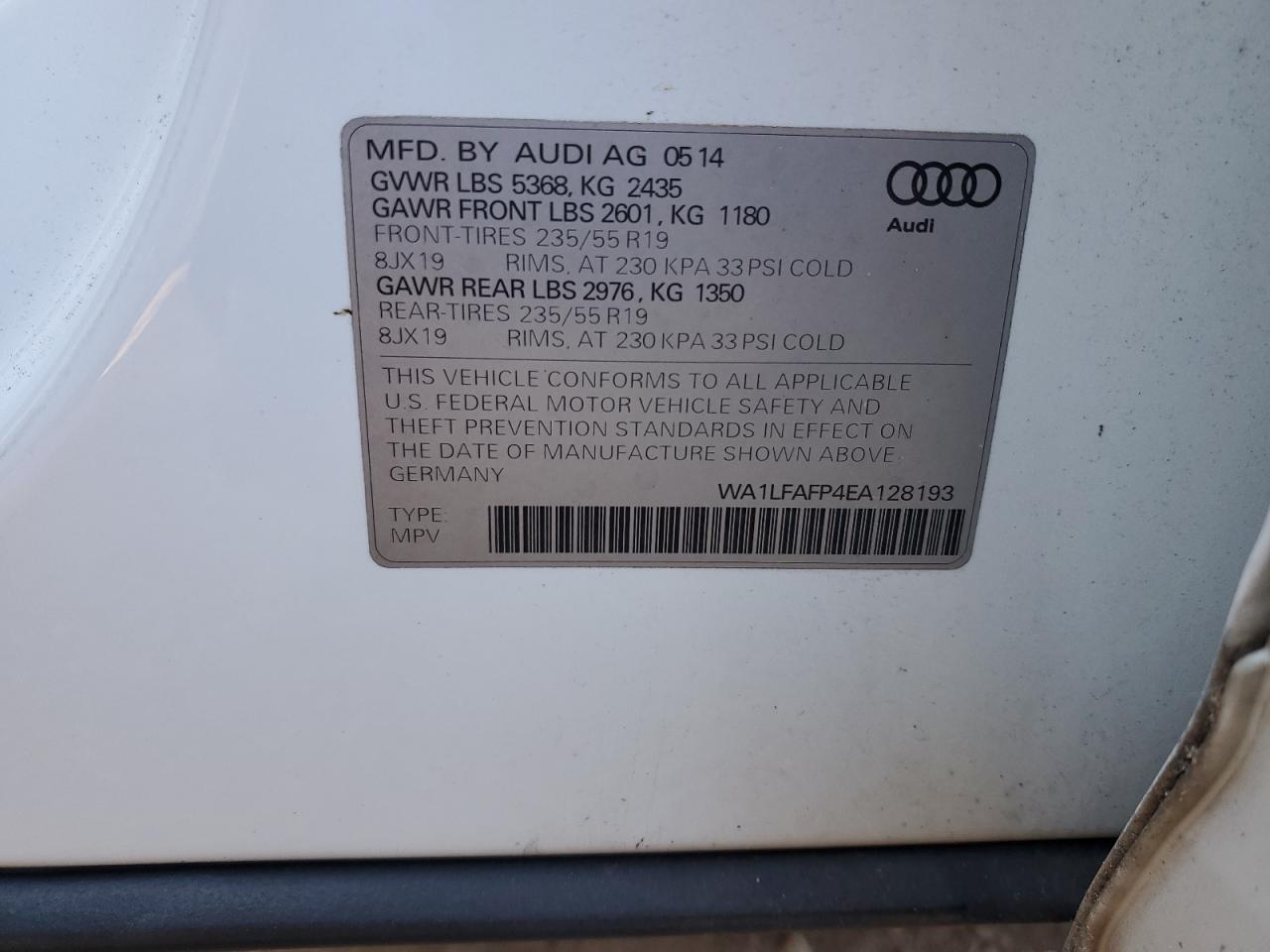 2014 Audi Q5 VIN WA1LFAFP4EA128193 Copart auction photo, all over damage thumbnail 13