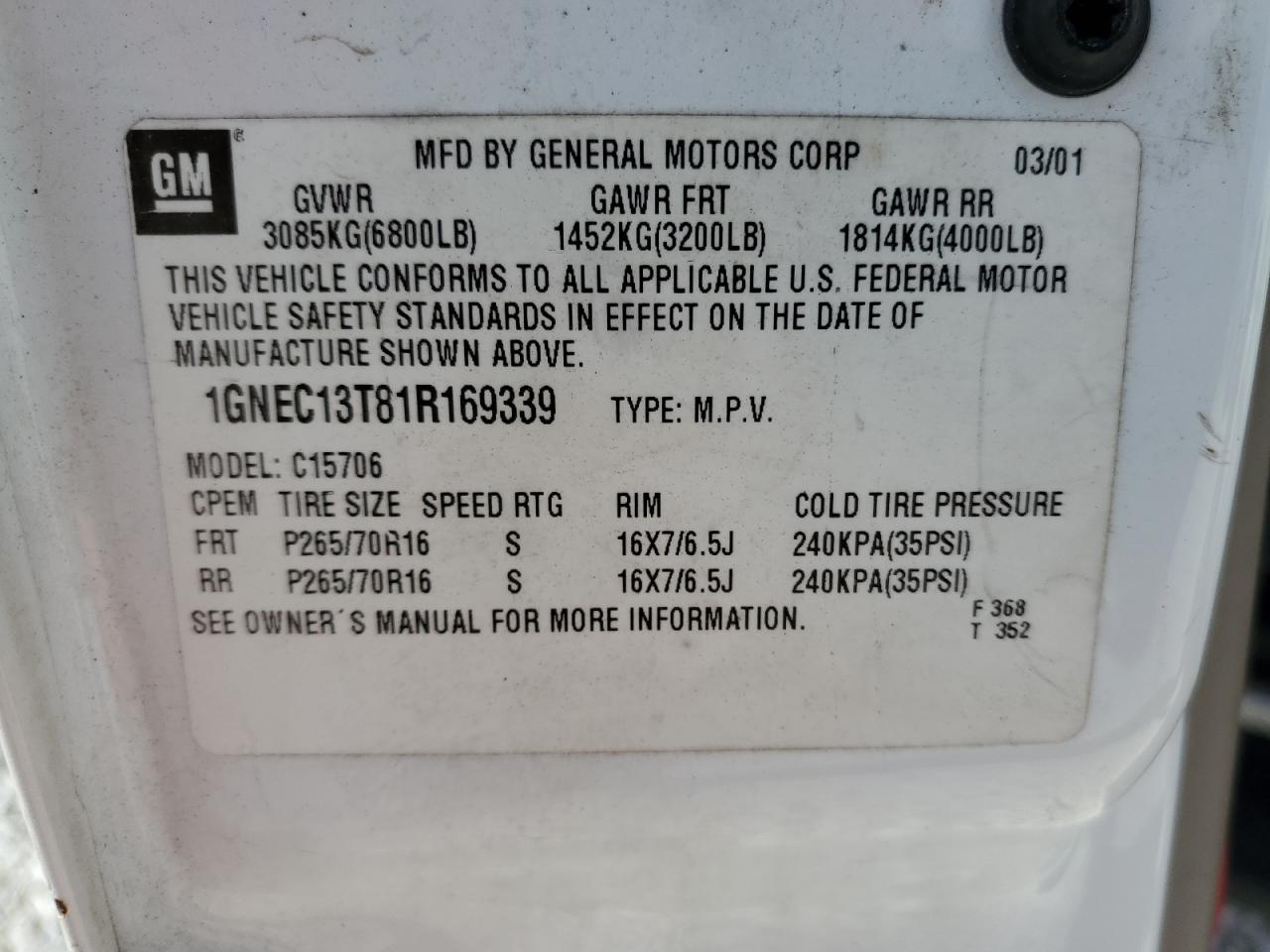 2001 Chevrolet Tahoe VIN 1GNEC13T81R169339 Copart auction photo, front end / minor dent/scratches damage thumbnail 13