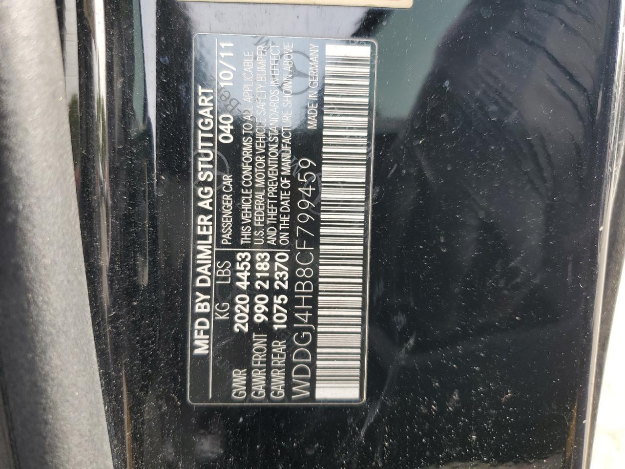 2012 Mercedes-Benz C-klasse VIN WDDGJ4HB8CF799459 Copart auction photo, front end damage thumbnail 14