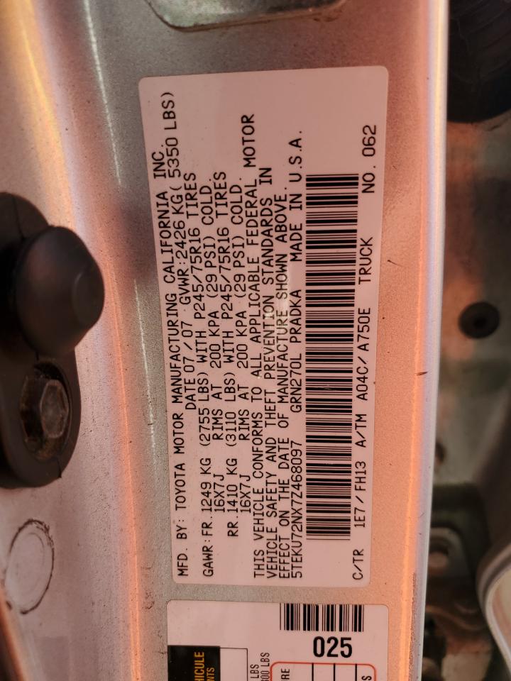 2007 Toyota Tacoma VIN 5TEKU72NX7Z468097 Copart auction photo, side damage thumbnail 14