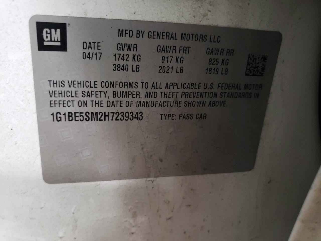 2017 Chevrolet Cruze VIN 1G1BE5SM2H7239343 Copart auction photo, front end / side damage thumbnail 12
