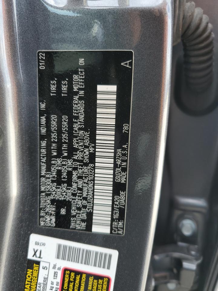 2022 Toyota Highlander VIN 5TDJZRAH0NS103278 Copart auction photo, water/flood damage thumbnail 14