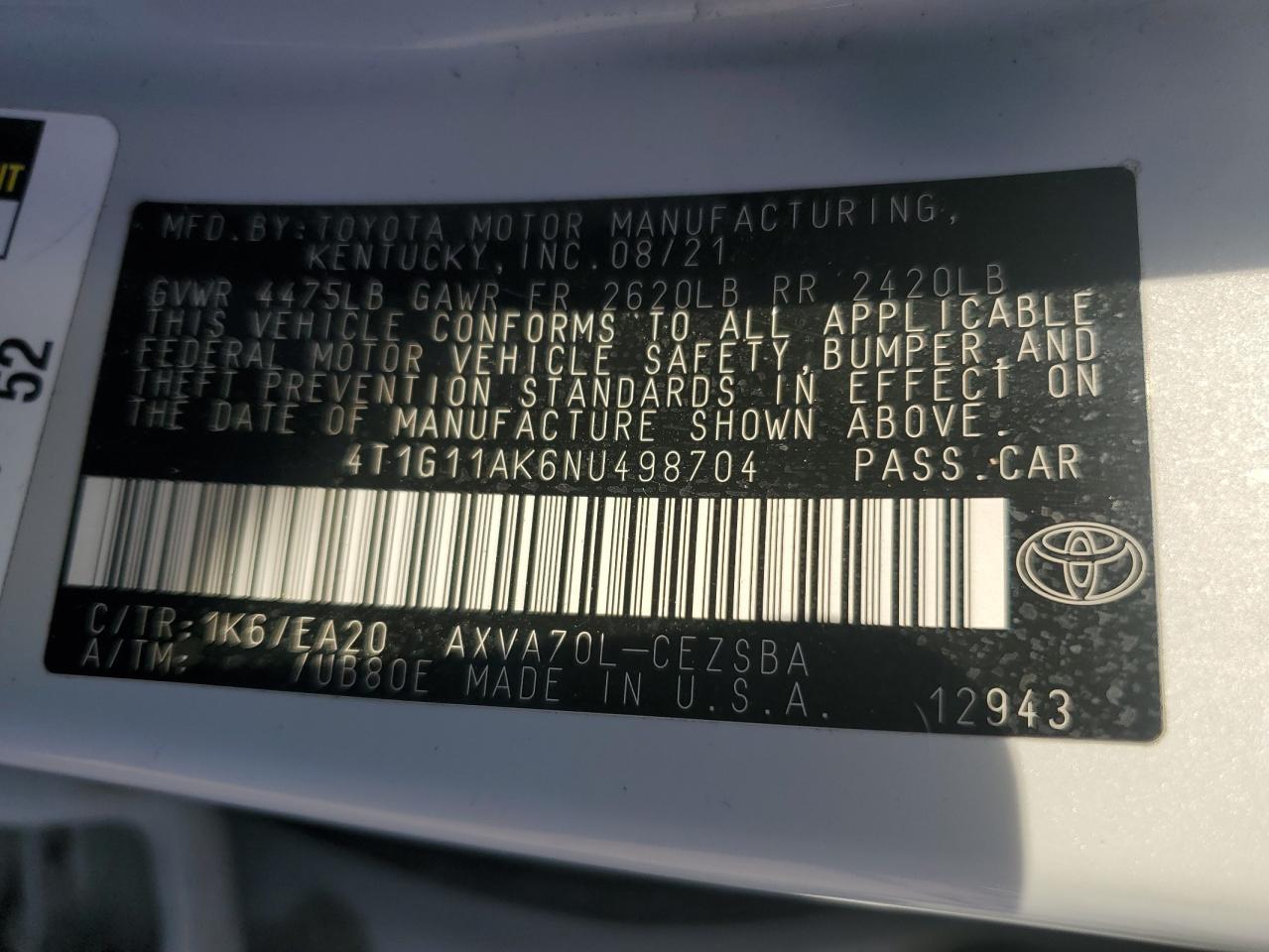2022 Toyota Camry VIN 4T1G11AK6NU498704 Copart auction photo, front end damage thumbnail 15