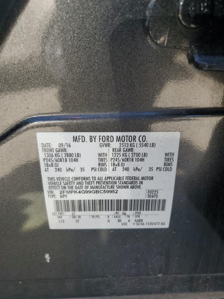 2016 Ford Edge VIN 2FMPK4G99GBC59952 Copart auction photo, front end / side damage thumbnail 13