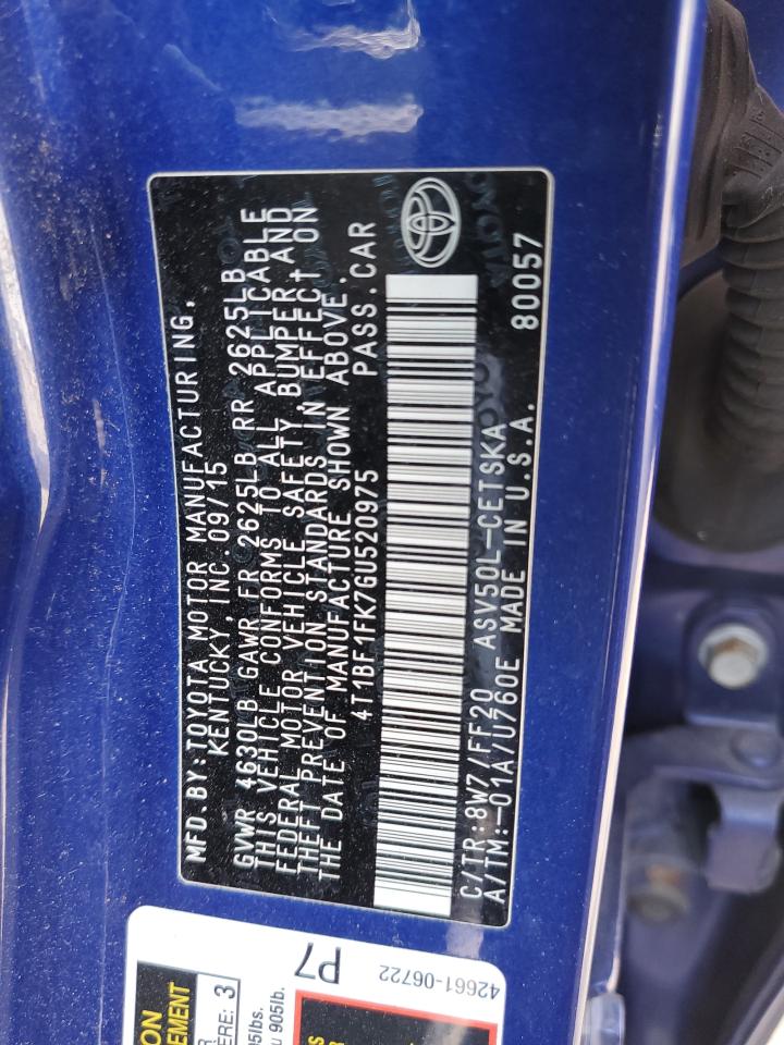 2016 Toyota Camry VIN 4T1BF1FK7GU520975 Copart auction photo, rear end / side damage thumbnail 12