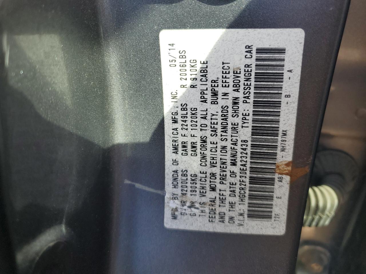 2014 Honda Accord VIN 1HGCR2F30EA232438 Copart auction photo, side / front end damage thumbnail 12