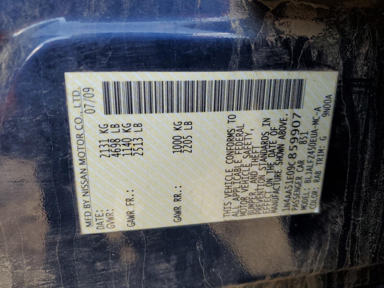 2009 Nissan Maxima VIN 1N4AA51E09C859907 Copart auction photo, front end / side damage thumbnail 12