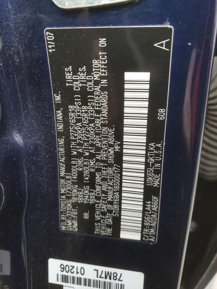 2008 Toyota Sequoia VIN 5TDBY68A18S000177 Copart auction photo, front end damage thumbnail 14
