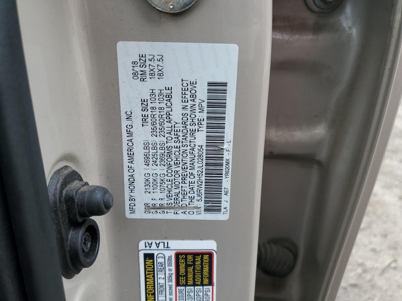 2018 Honda CR-V VIN 5J6RW2H52JL028054 Copart auction photo, front end damage thumbnail 15