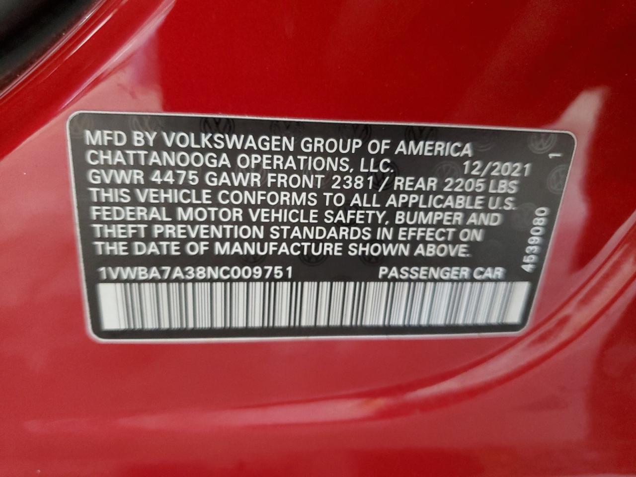 2022 Volkswagen Passat VIN 1VWBA7A38NC009751 Copart auction photo, side damage thumbnail 14