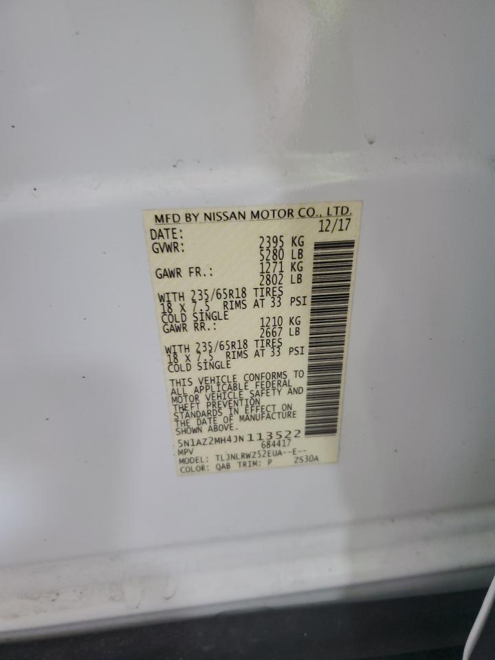 2018 Nissan Murano VIN 5N1AZ2MH4JN113522 Copart auction photo, front end damage thumbnail 13