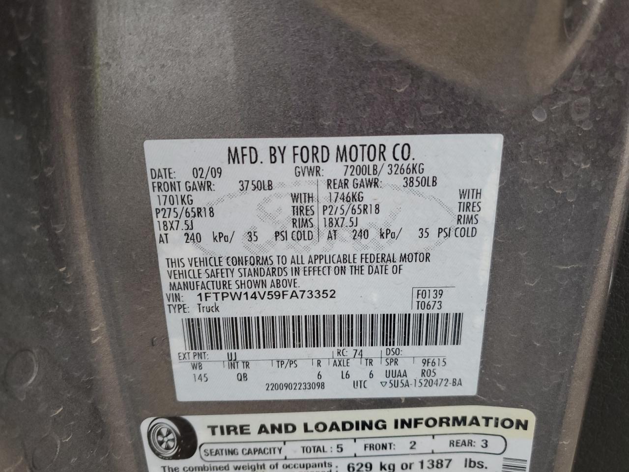 2009 Ford F-150 VIN 1FTPW14V59FA73352 Copart auction photo, rear end damage thumbnail 12