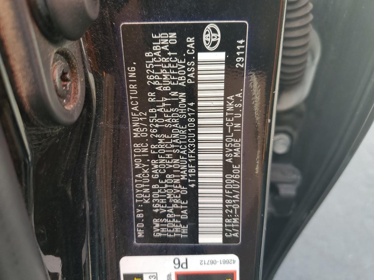 2012 Toyota Camry VIN 4T1BF1FK3CU108174 Copart auction photo, rear end / front end damage thumbnail 12