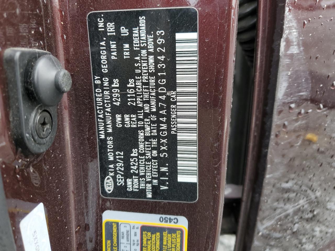 2013 KIA Optima VIN 5XXGM4A74DG134293 Copart auction photo, side / front end damage thumbnail 15