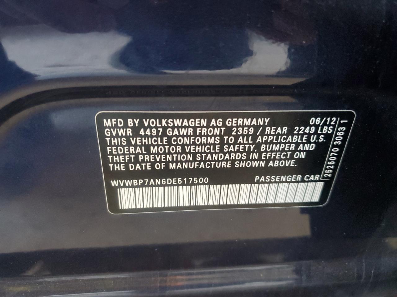 2013 Volkswagen Passat CC VIN WVWBP7AN6DE517500 Copart auction photo, front end / minor dent/scratches damage thumbnail 13