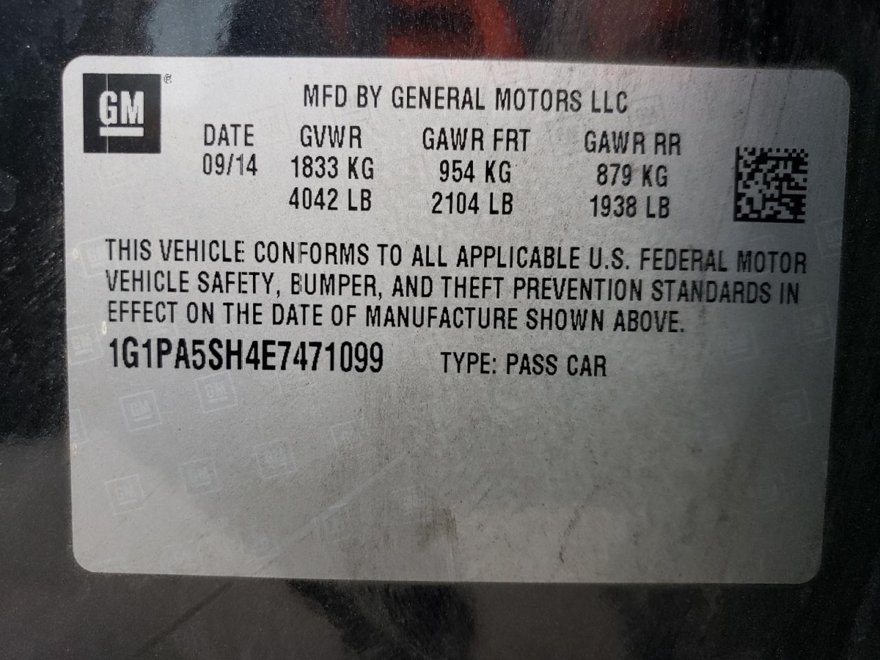 2014 Chevrolet Cruze VIN 1G1PA5SH4E7471099 Copart auction photo, front end / hail damage thumbnail 12