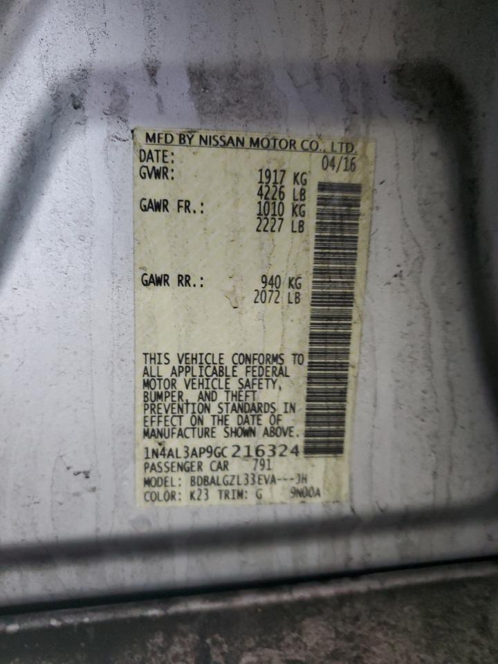 2016 Nissan Altima VIN 1N4AL3AP9GC216324 Copart auction photo, front end / rear end damage thumbnail 14
