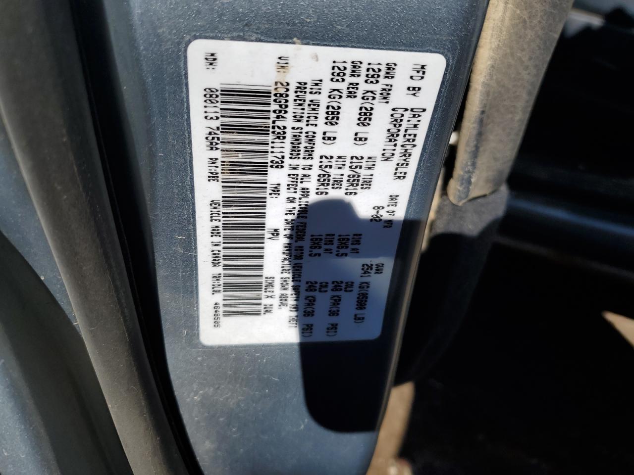 2003 Chrysler Town & Country VIN 2C8GP64L23R111739 Copart auction photo, water/flood / all over damage thumbnail 14