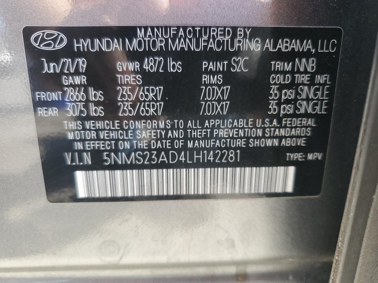 2020 Hyundai Santa Fe VIN 5NMS23AD4LH142281 Copart auction photo, front end damage thumbnail 13