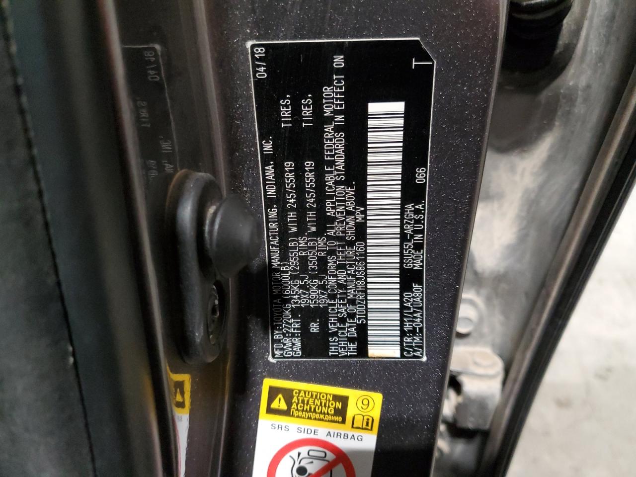 2018 Toyota Highlander VIN 5TDDZRFH8JS861160 Copart auction photo, front end / hail damage thumbnail 14
