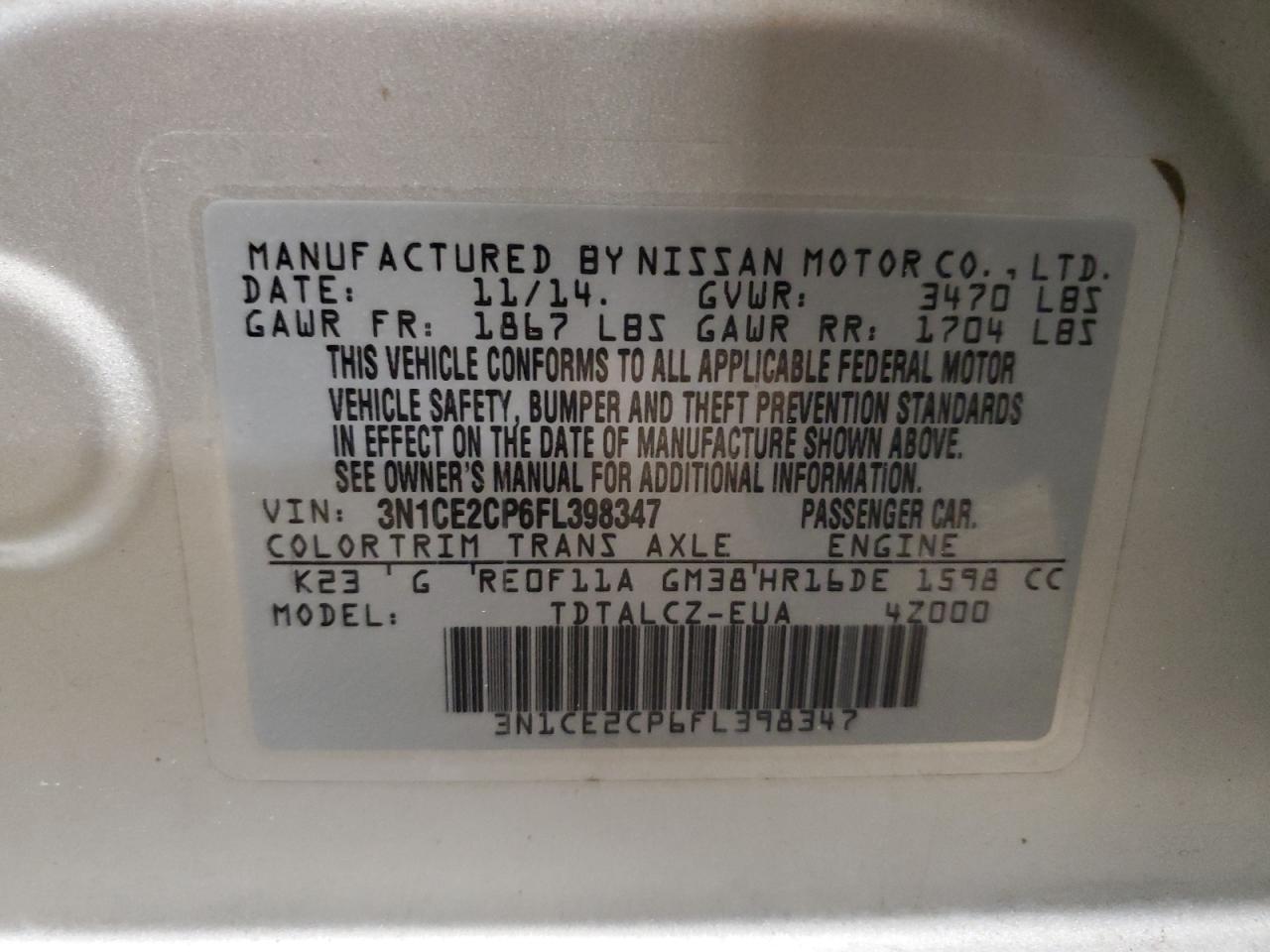 2015 Nissan Versa VIN 3N1CE2CP6FL398347 Copart auction photo, front end damage thumbnail 12