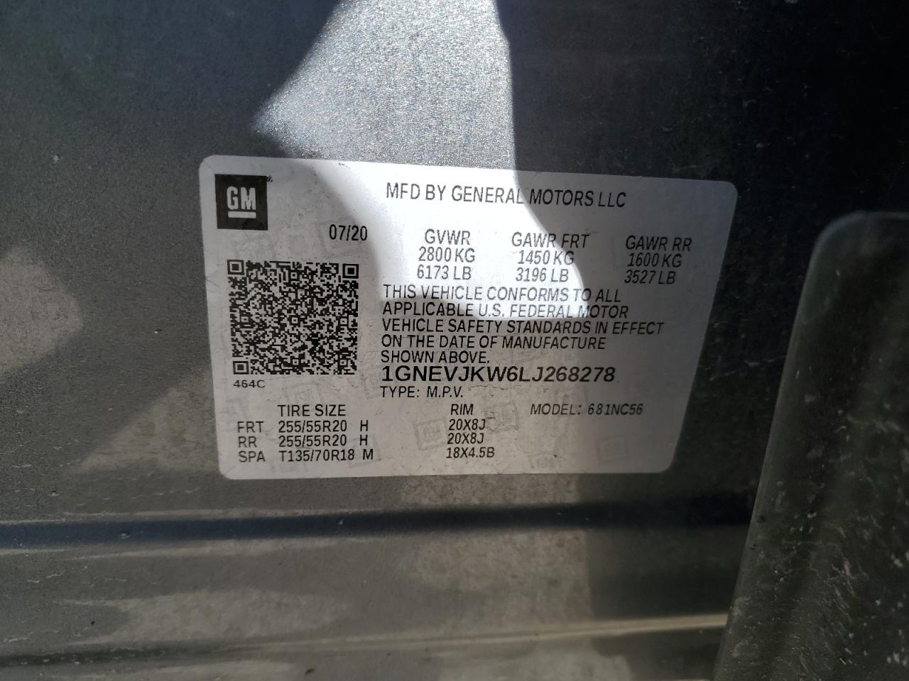 2020 Chevrolet Traverse VIN 1GNEVJKW6LJ268278 Copart auction photo, all over damage thumbnail 13