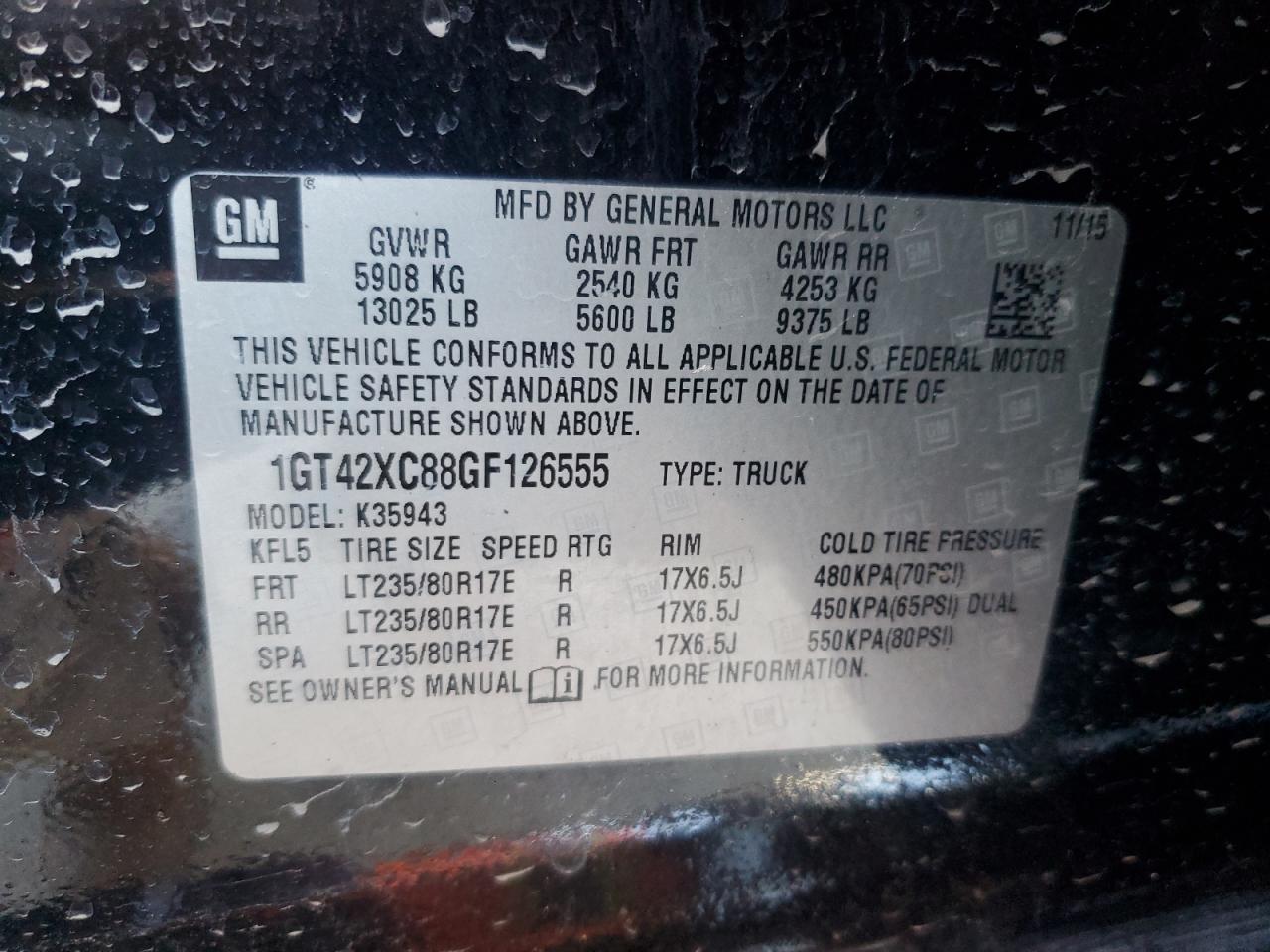 2016 GMC Sierra VIN 1GT42XC88GF126555 Copart auction photo, front end damage thumbnail 14