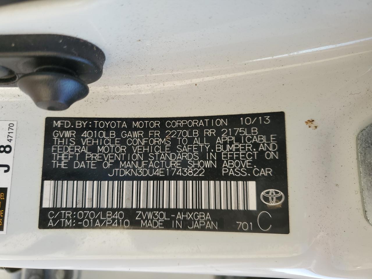 2014 Toyota Prius VIN JTDKN3DU4E1743822 Copart auction photo, side / rear end damage thumbnail 13