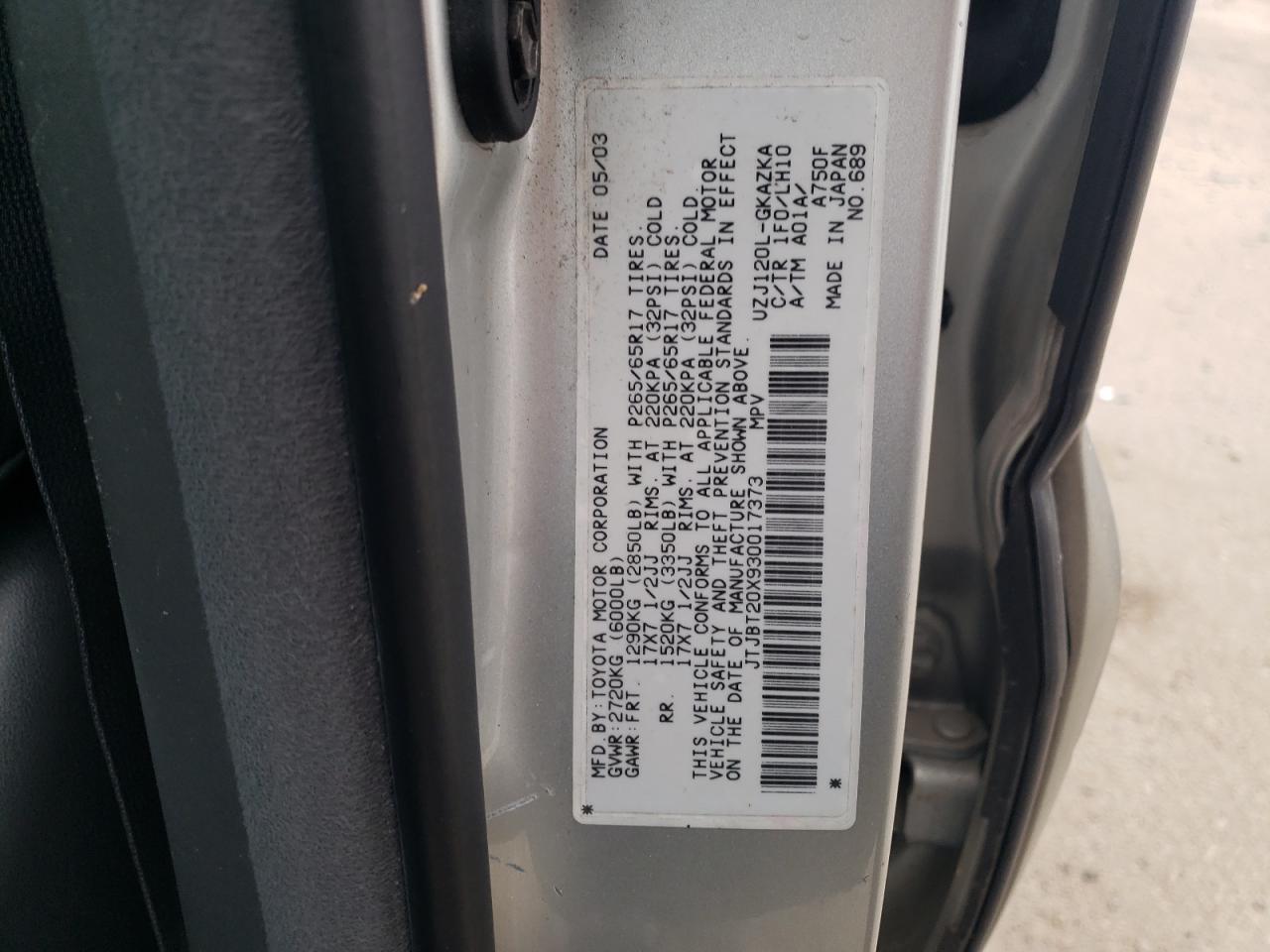 2003 Lexus GX VIN JTJBT20X930017373 Copart auction photo, rear end damage thumbnail 14