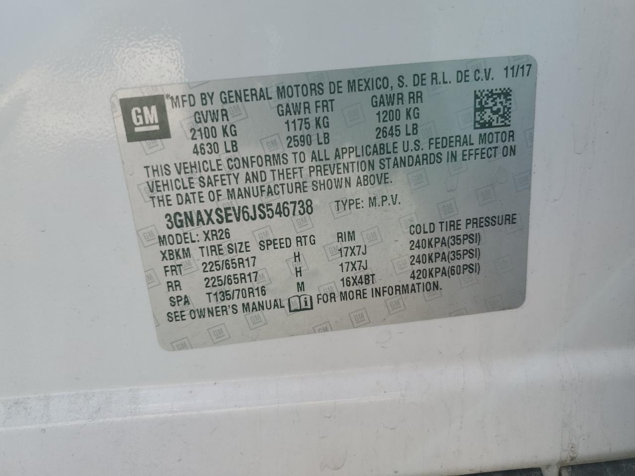 2018 Chevrolet Equinox VIN 3GNAXSEV6JS546738 Copart auction photo, front end damage thumbnail 13