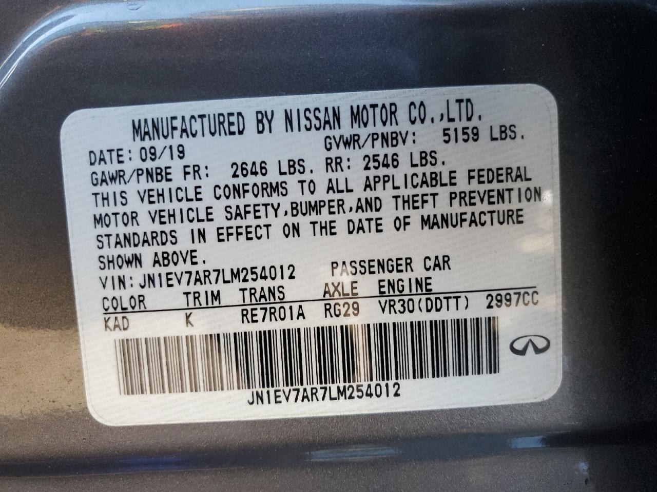 2020 Infiniti Q50 VIN JN1EV7AR7LM254012 Copart auction photo, front end / top/roof damage thumbnail 13