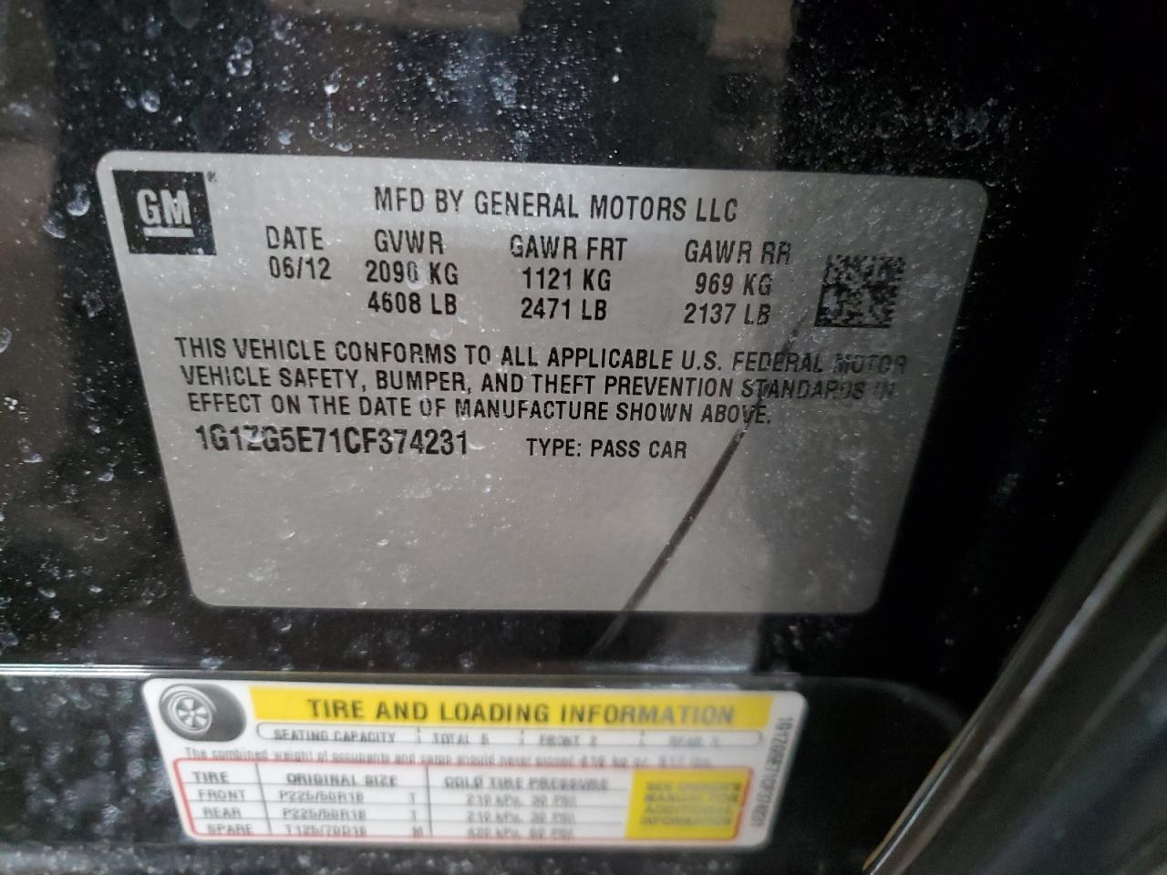 2012 Chevrolet Malibu VIN 1G1ZG5E71CF374231 Copart auction photo, front end damage thumbnail 12