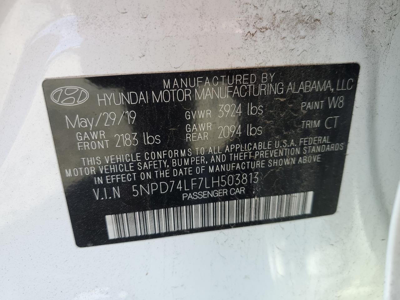 2020 Hyundai Elantra VIN 5NPD74LF7LH503813 Copart auction photo, vandalism damage thumbnail 13
