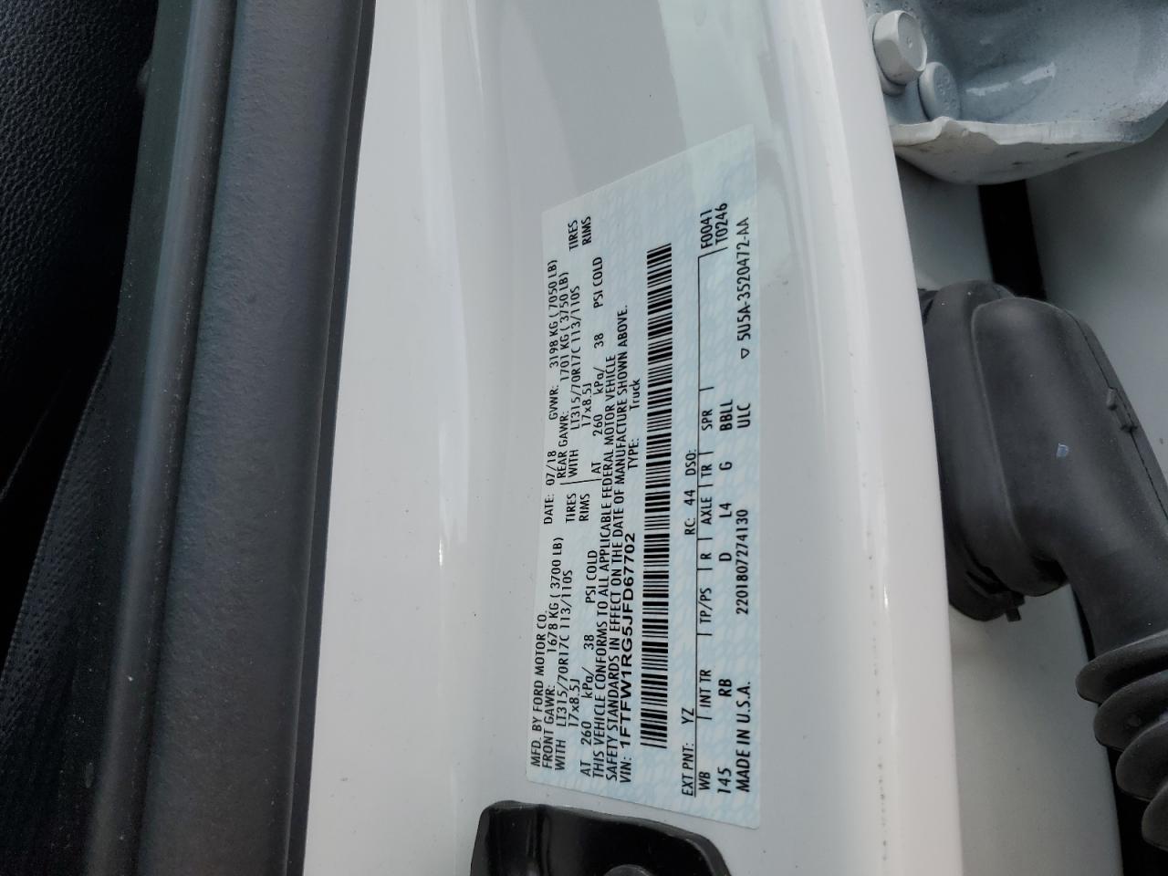 2018 Ford F-150 VIN 1FTFW1RG5JFD67702 Copart auction photo, water/flood damage thumbnail 13