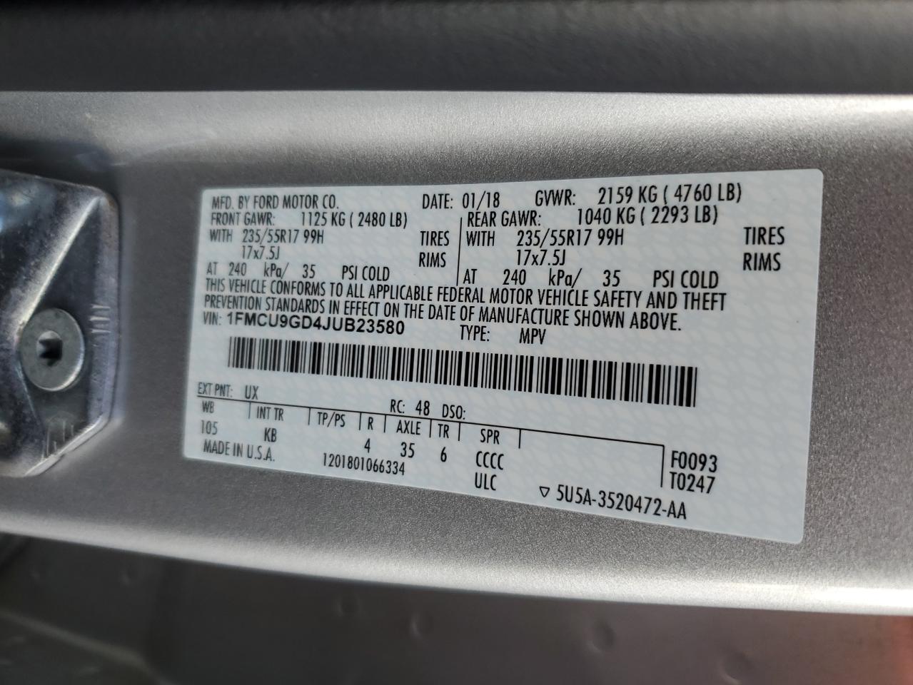 2018 Ford Escape VIN 1FMCU9GD4JUB23580 Copart auction photo, mechanical / minor dent/scratches damage thumbnail 13