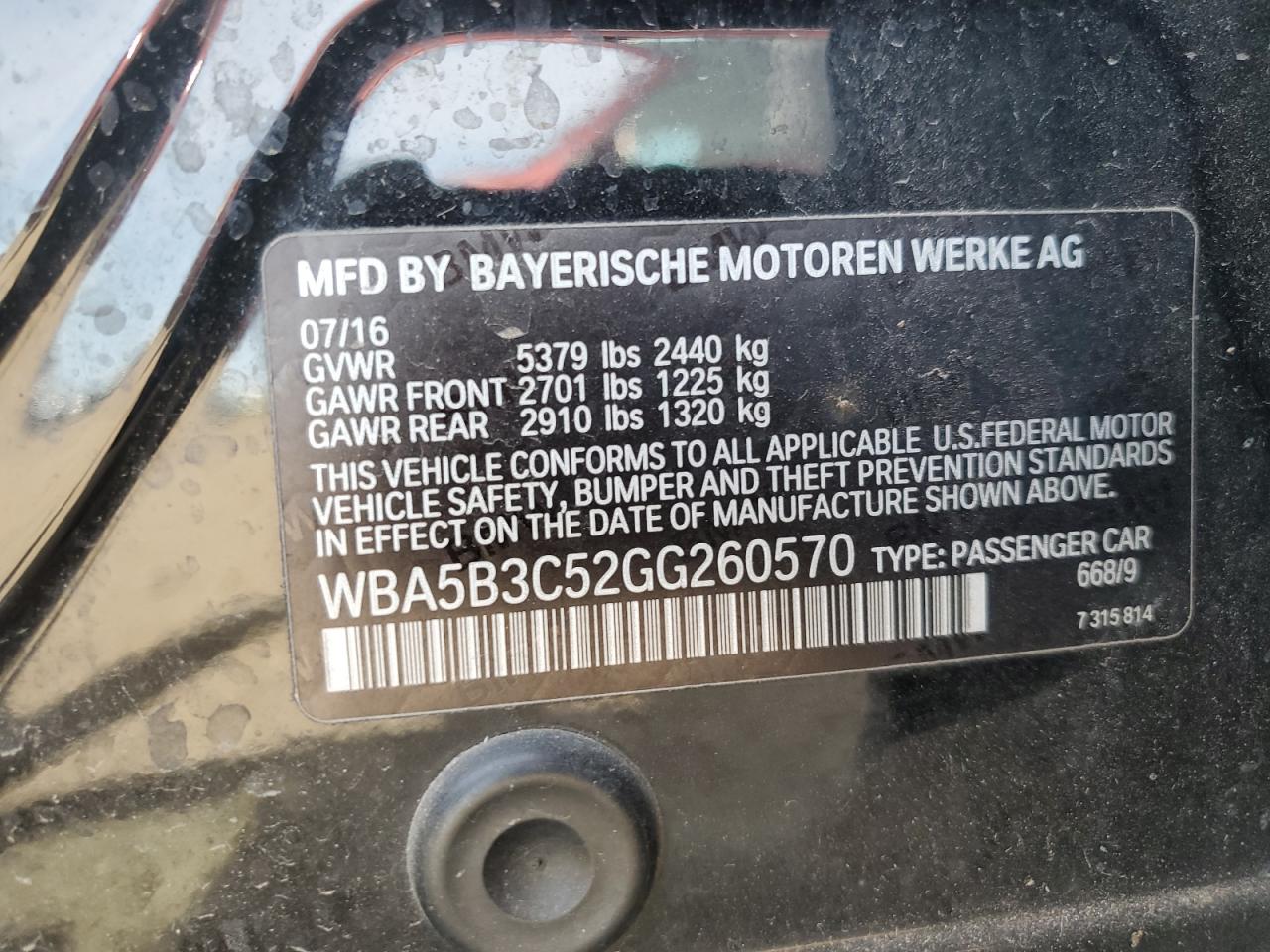 2016 BMW 5er VIN WBA5B3C52GG260570 Copart auction photo, minor dent/scratches damage thumbnail 14
