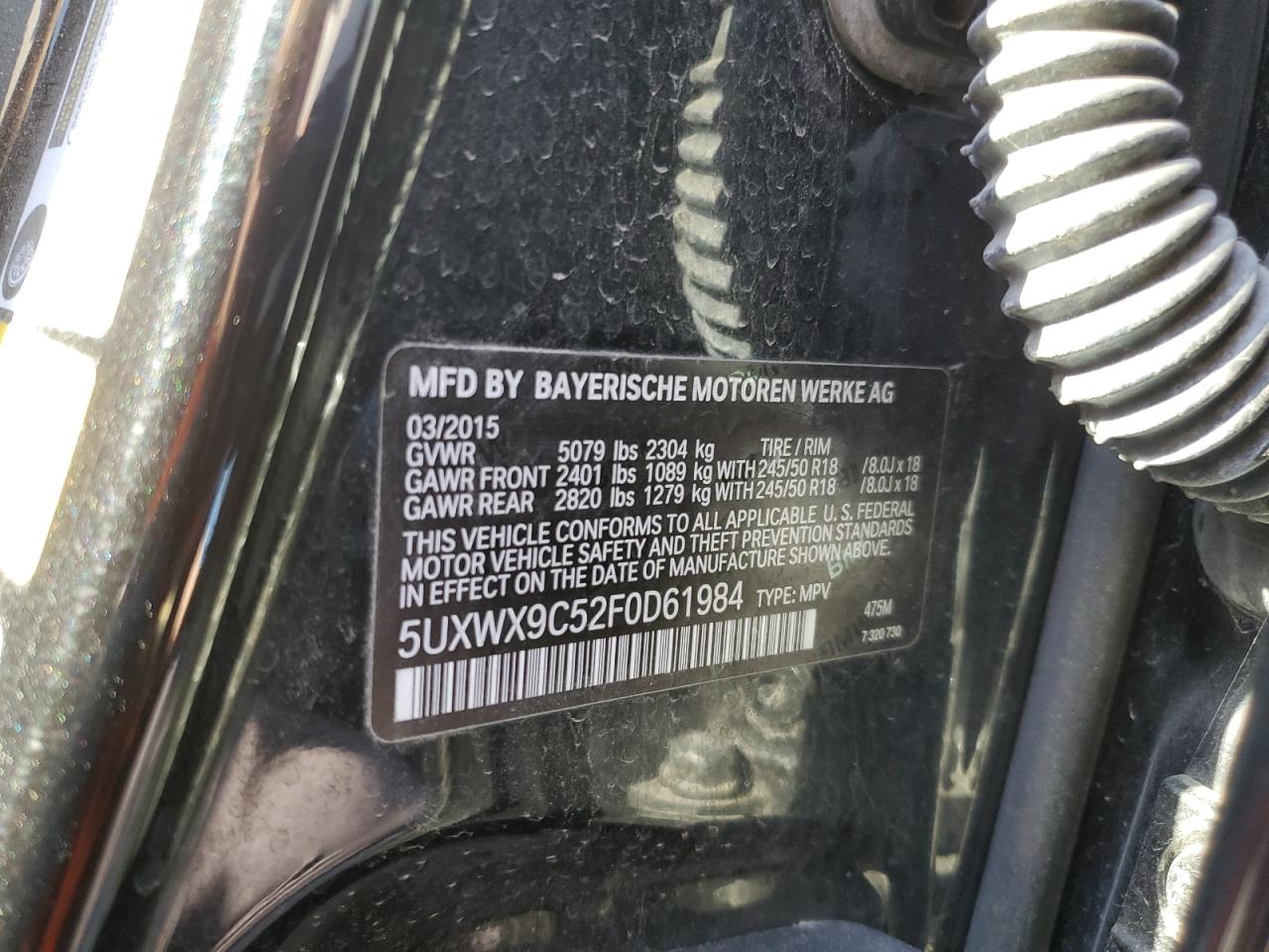 2015 BMW X3 VIN 5UXWX9C52F0D61984 Copart auction photo, rear end damage thumbnail 15