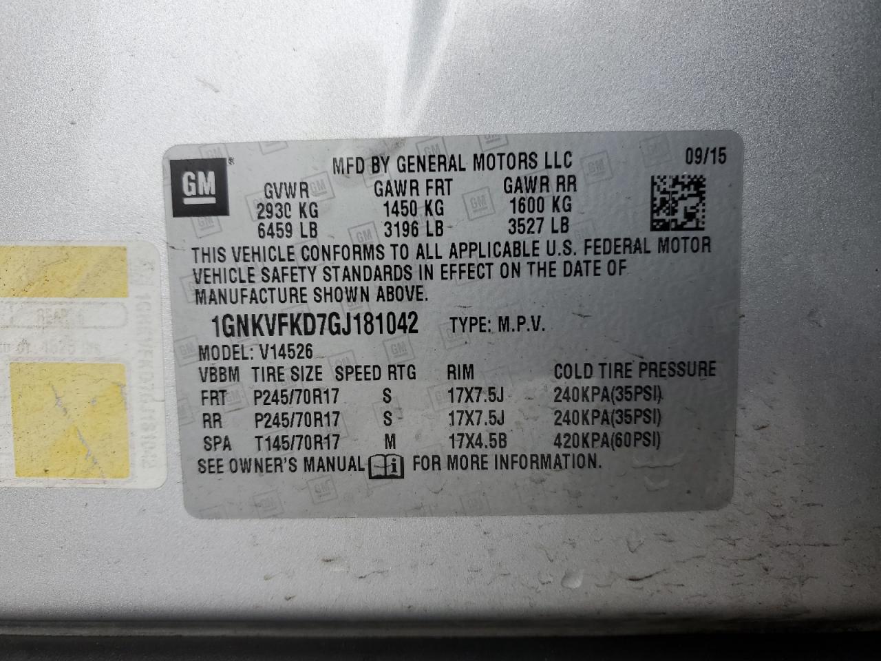 2016 Chevrolet Traverse VIN 1GNKVFKD7GJ181042 Copart auction photo, front end damage thumbnail 16