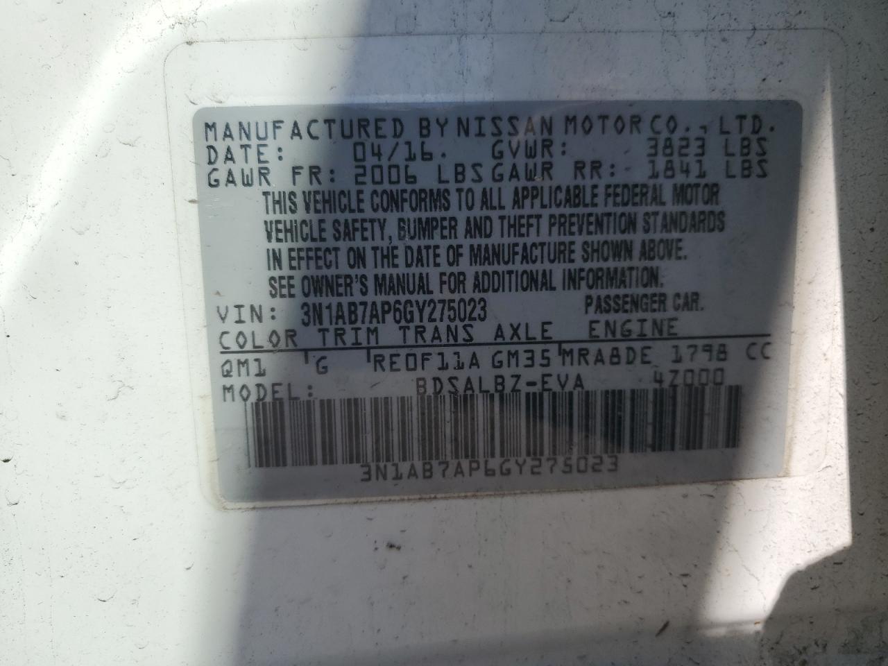 2016 Nissan Sentra VIN 3N1AB7AP6GY275023 Copart auction photo, front end damage thumbnail 15