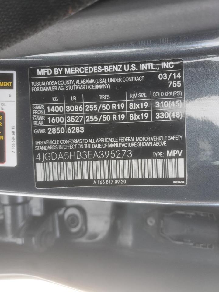 2014 Mercedes-Benz M-klasse VIN 4JGDA5HB3EA395273 Copart auction photo, front end damage thumbnail 16