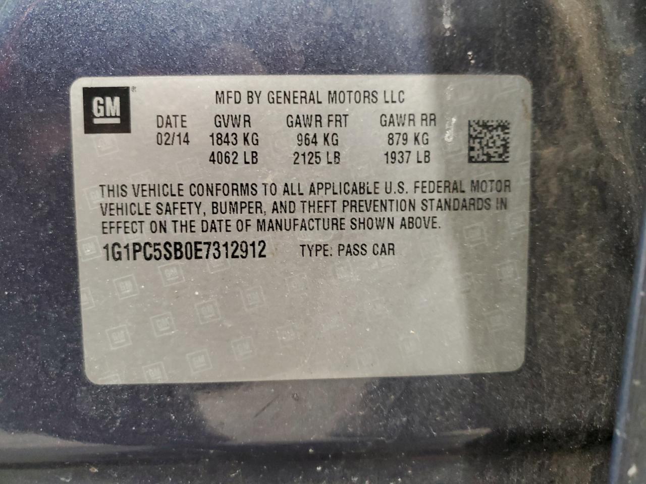 2014 Chevrolet Cruze VIN 1G1PC5SB0E7312912 Copart auction photo, front end / minor dent/scratches damage thumbnail 12