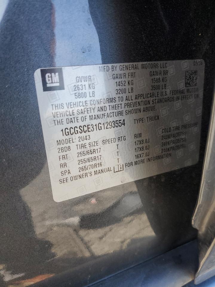 2016 Chevrolet Colorado VIN 1GCGSCE31G1293554 Copart auction photo, front end / rear end damage thumbnail 14