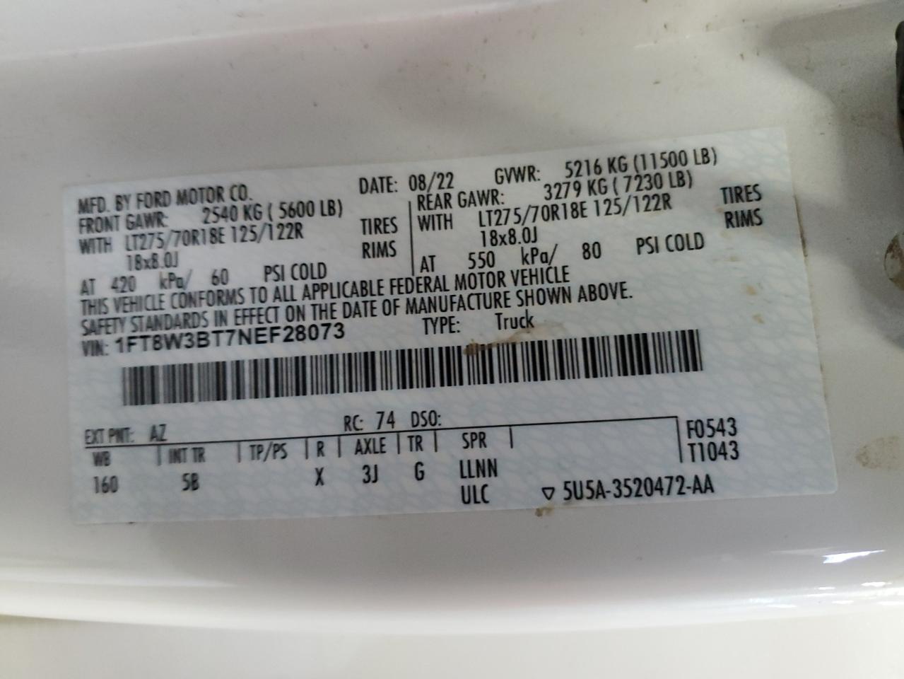 2022 Ford F350 VIN 1FT8W3BT7NEF28073 Copart auction photo, rear end damage thumbnail 13