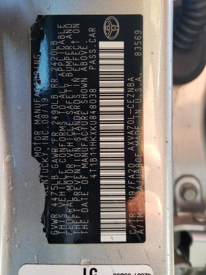 2019 Toyota Camry VIN 4T1B11HKXKU848038 Copart auction photo, rear end damage thumbnail 12