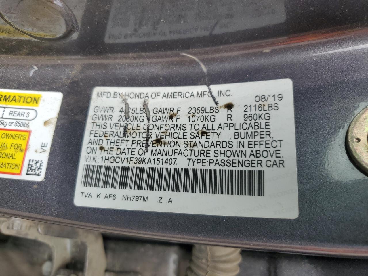 2019 Honda Accord VIN 1HGCV1F39KA151407 Copart auction photo, front end / side damage thumbnail 14