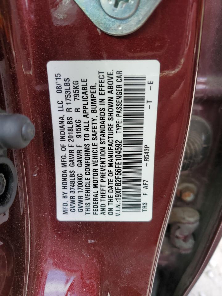 2015 Honda Civic VIN 19XFB2F56FE104592 Copart auction photo, front end damage thumbnail 12