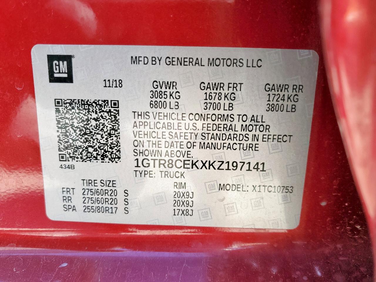 2019 GMC Sierra VIN 1GTR8CEKXKZ197141 Copart auction photo, front end / rear end damage thumbnail 13