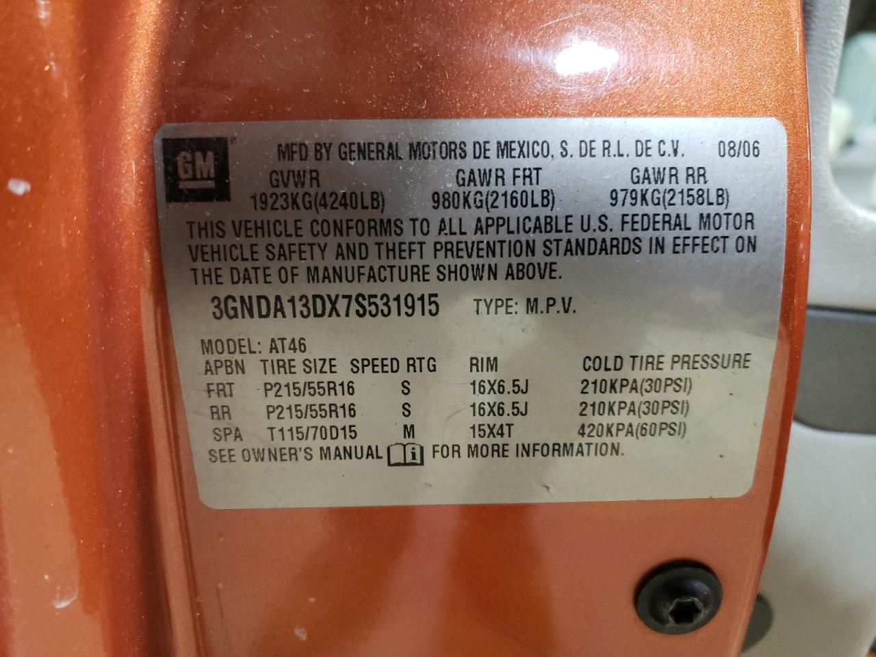 2007 Chevrolet HHR VIN 3GNDA13DX7S531915 Copart auction photo, front end / mechanical damage thumbnail 15