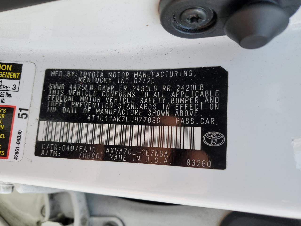 2020 Toyota Camry VIN 4T1C11AK7LU977886 Copart auction photo, front end / mechanical damage thumbnail 13